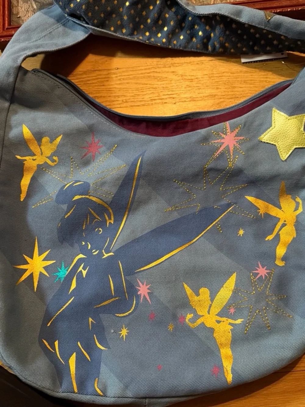 Disney Blue Tinkerbell Hobo Bag with Gold and Pink Accents